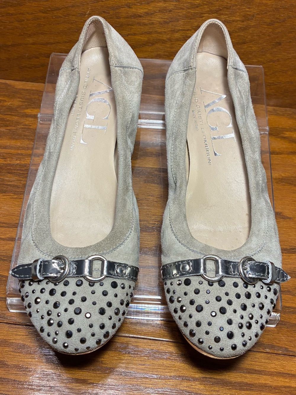 AGL Italy Made Crystal Cap Toe Ballet Flats Gray Suede EU 38 US 8